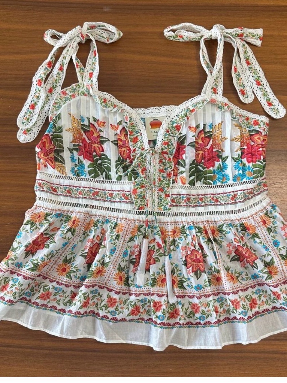Farm Rio Floral Lace Trim Tie Strap Beaded Tassel Tank, Size L